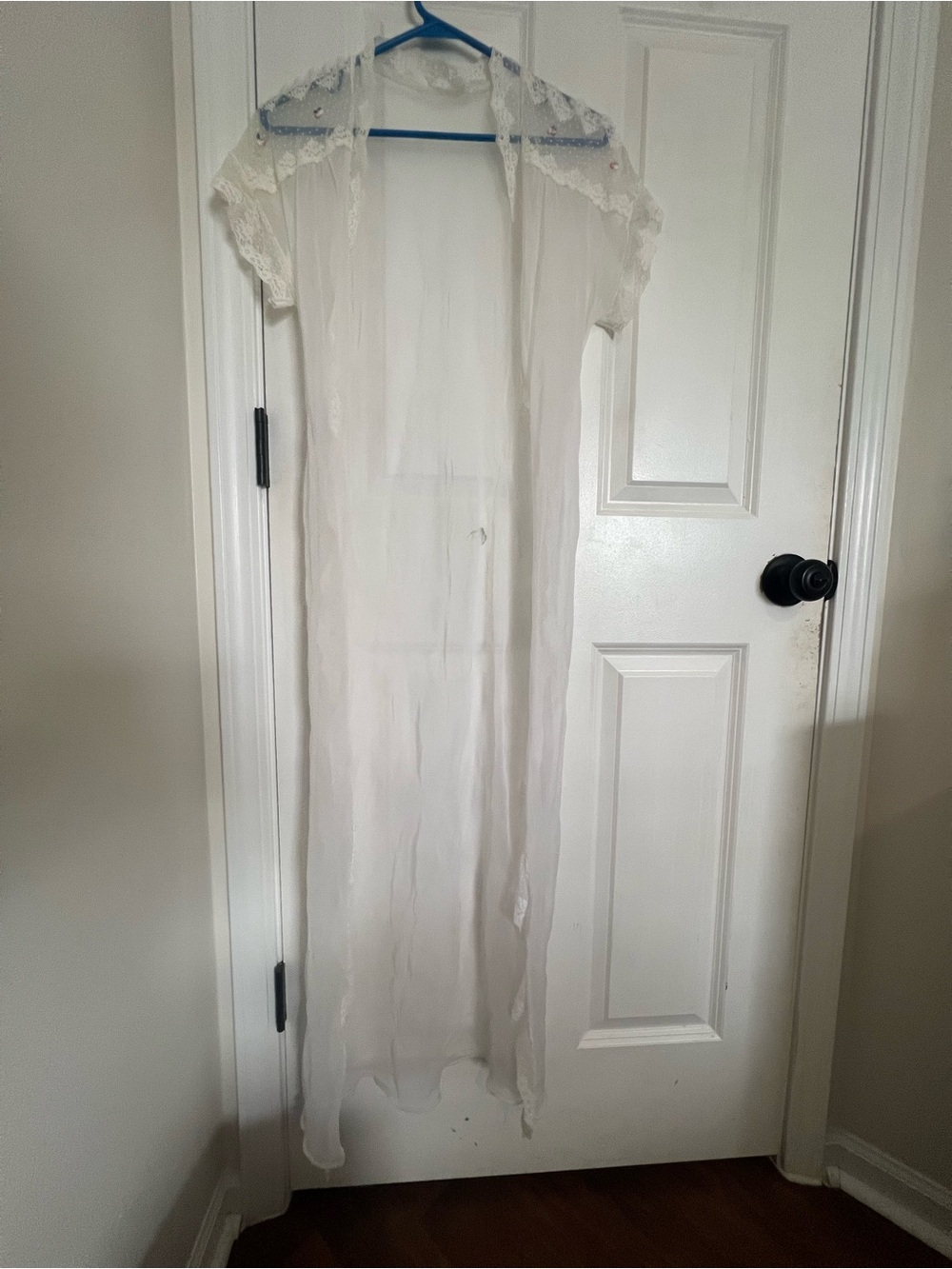 Sheer Lace-Trim Long Chemise Robe - White